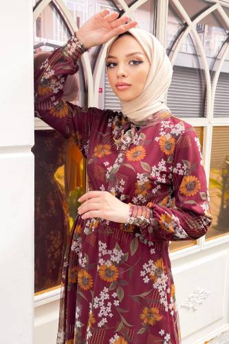 Çiçek Desen Tül Tunik TSD220809 Bordo - Tesettür Dünyası (1)