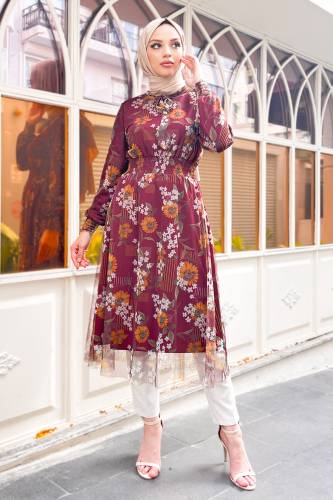 Çiçek Desen Tül Tunik TSD220809 Bordo 
