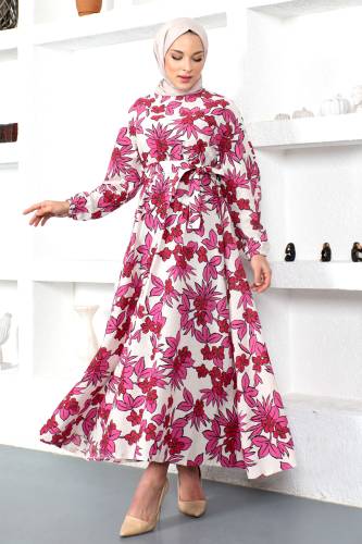 Çiçek Desenli Beli Lastikli Elbise TSD230223 Pembe 