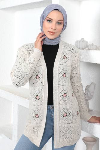 Çiçek Desenli Düğmesiz Triko Hırka TSD230351 Bej - Tesettür Dünyası (1)