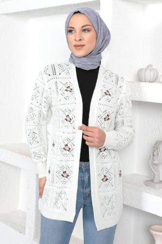 Çiçek Desenli Düğmesiz Triko Hırka TSD230351 Ekru 