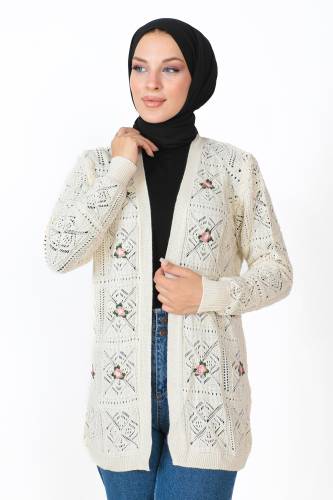Çiçek Desenli Düğmesiz Triko Hırka TSD230351 Krem 