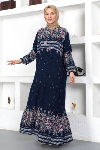 Çiçek Desenli Elbise TSD230406 Lacivert - Tesettür Dünyası (1)