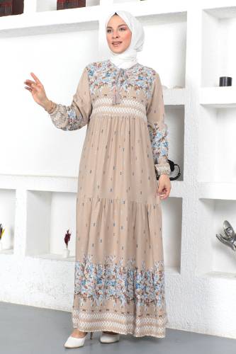 Çiçek Desenli Elbise TSD230406 Vizon - 3