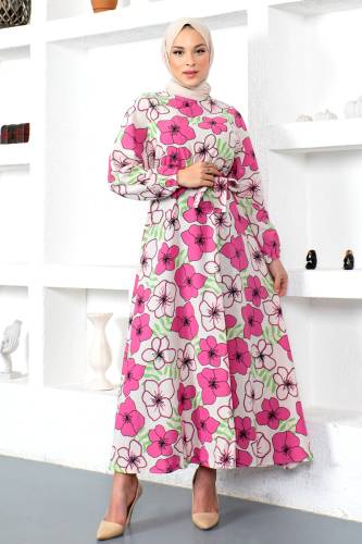 Çiçek Desenli Keten Elbise TSD230224 Pembe 