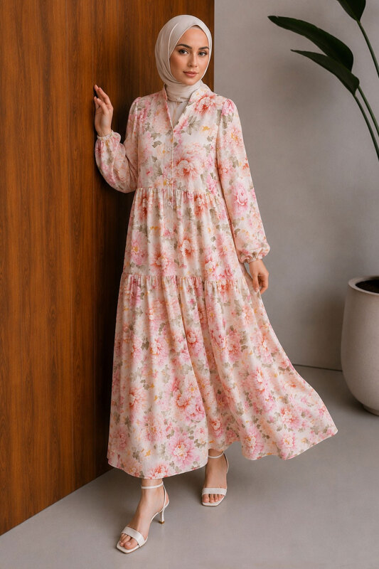 Çiçek Desenli Pat Detaylı Elbise TSD260269 Pembe - Tesettür Dünyası