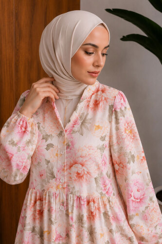 Çiçek Desenli Pat Detaylı Elbise TSD260269 Pembe - 2