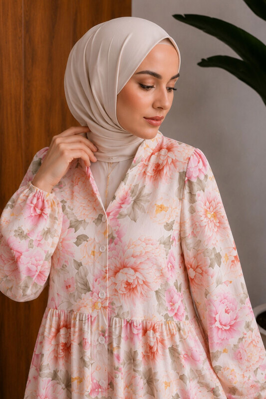Çiçek Desenli Pat Detaylı Elbise TSD260269 Pembe - Tesettür Dünyası (1)