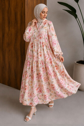 Çiçek Desenli Pat Detaylı Elbise TSD260269 Pembe - 3