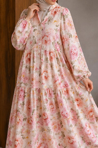 Çiçek Desenli Pat Detaylı Elbise TSD260269 Pembe - 4