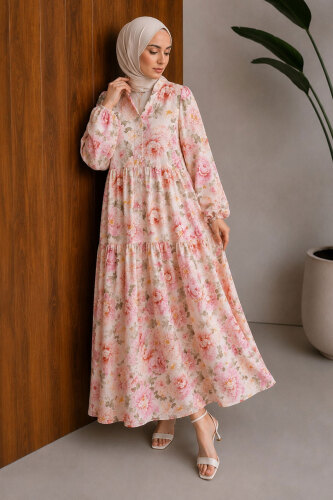Çiçek Desenli Pat Detaylı Elbise TSD260269 Pembe - 5