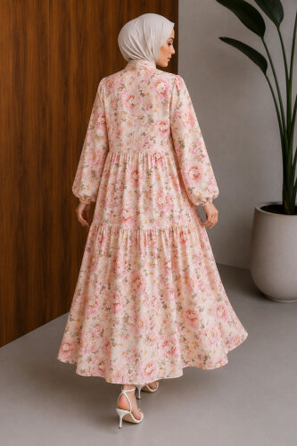 Çiçek Desenli Pat Detaylı Elbise TSD260269 Pembe - 6
