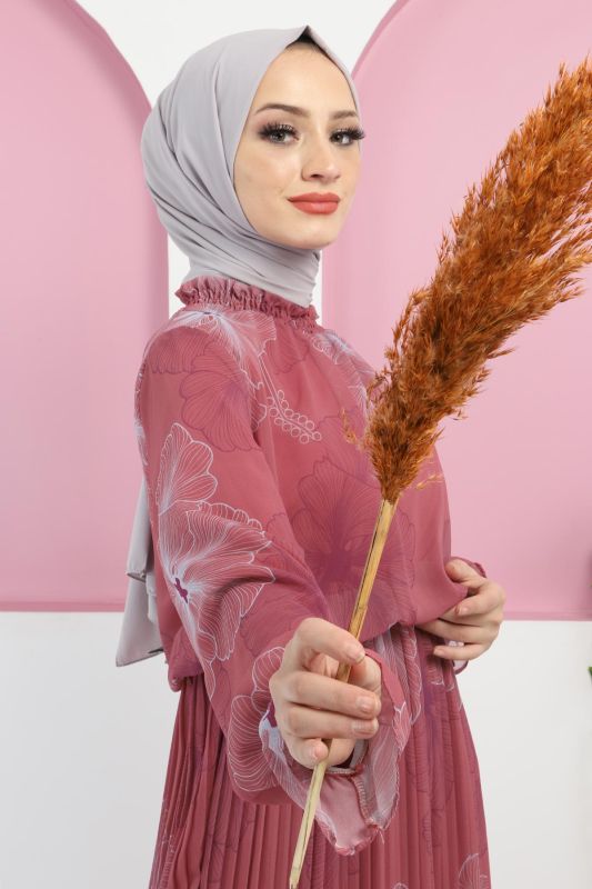 Çiçek Desenli Şifon Elbise TSD220501 Gül Kurusu - 2