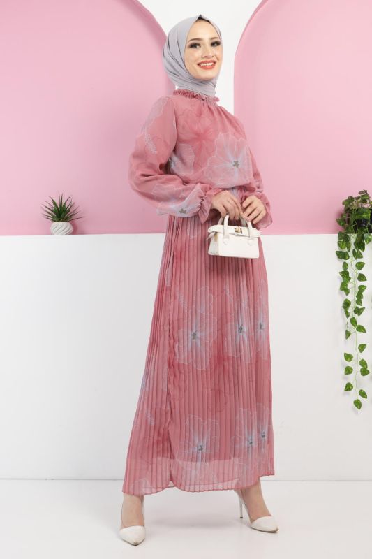 Çiçek Desenli Şifon Elbise TSD220501 Pembe - 2
