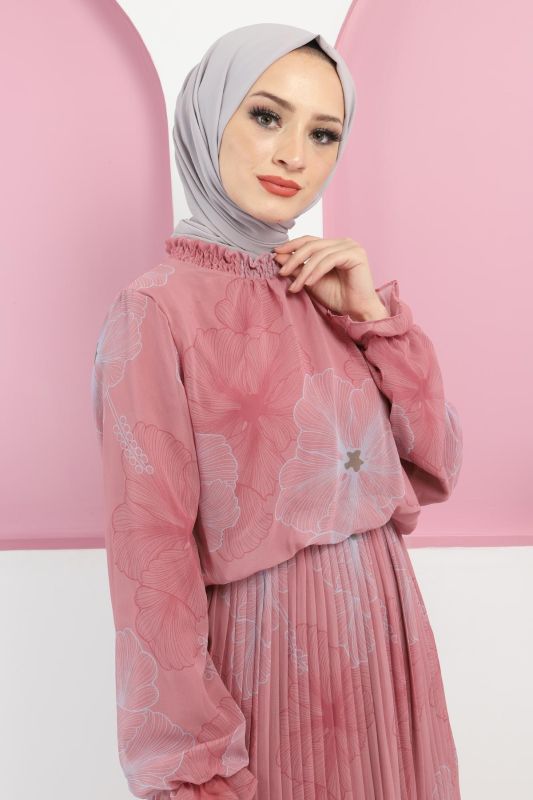 Çiçek Desenli Şifon Elbise TSD220501 Pembe - 1