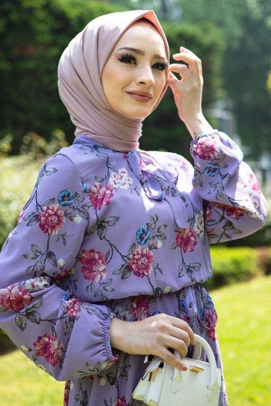 Çiçek Desenli Şifon Elbise TSD220535 Lila - 3
