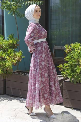 Çiçek Desenli Şifon Elbise TSD220639 Lila - 4