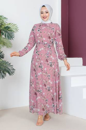 Çiçek Desenli Şifon Elbise TSD230607 Gül Kurusu 