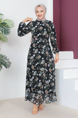 Çiçek Desenli Şifon Elbise TSD230607 Siyah - 1