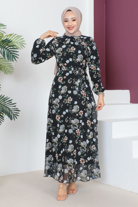 Çiçek Desenli Şifon Elbise TSD230607 Siyah - 1