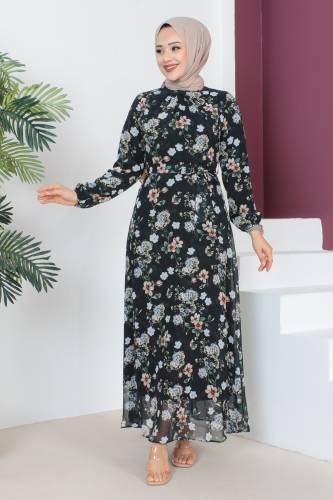Çiçek Desenli Şifon Elbise TSD230607 Siyah - 3