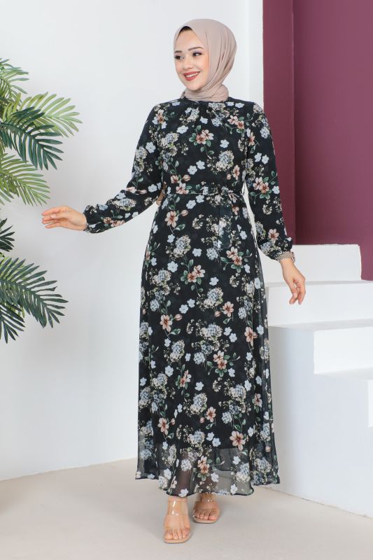 Çiçek Desenli Şifon Elbise TSD230607 Siyah - 3