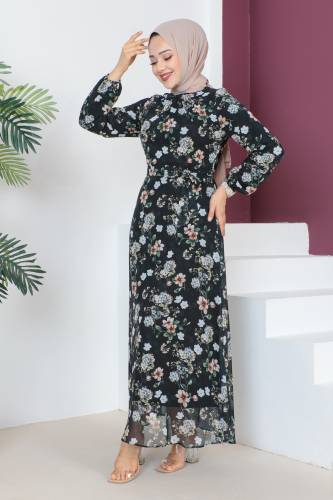 Çiçek Desenli Şifon Elbise TSD230607 Siyah - 4