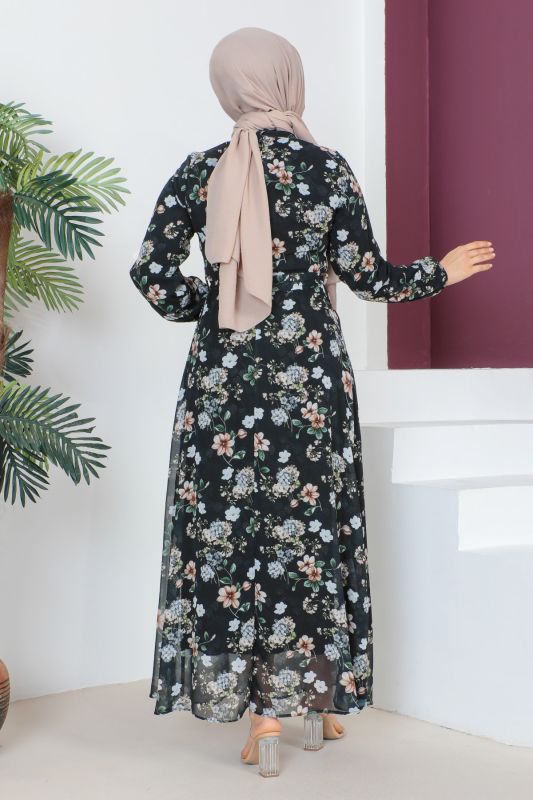 Çiçek Desenli Şifon Elbise TSD230607 Siyah - 5