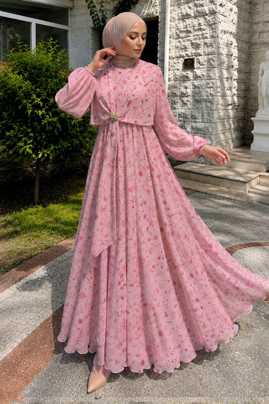 Çiçek Desenli Tokalı Şifon Elbise TSD260256 Pembe - 3