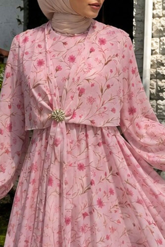 Çiçek Desenli Tokalı Şifon Elbise TSD260256 Pembe - 4