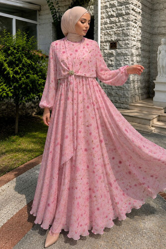 Çiçek Desenli Tokalı Şifon Elbise TSD260256 Pembe - 5