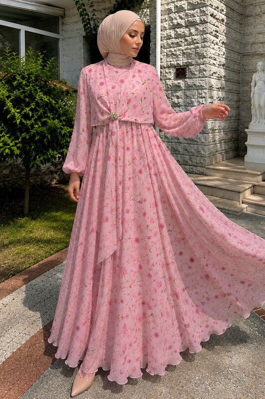 Çiçek Desenli Tokalı Şifon Elbise TSD260256 Pembe - 5