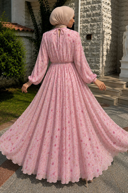 Çiçek Desenli Tokalı Şifon Elbise TSD260256 Pembe - 6