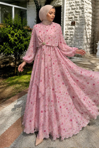Çiçek Desenli Tokalı Şifon Elbise TSD260256 Pembe 