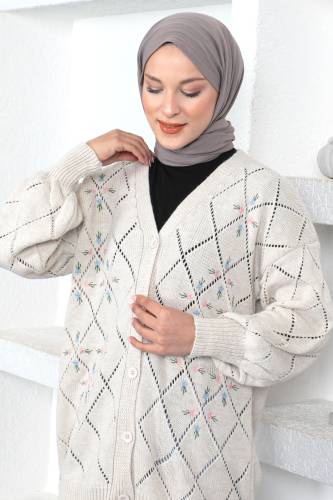 Çiçek Desenli Triko Hırka TSD230350 Bej 