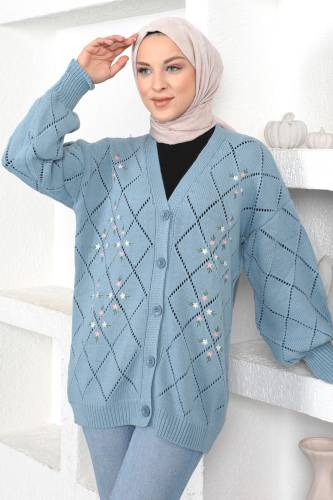 Çiçek Desenli Triko Hırka TSD230350 Mavi 