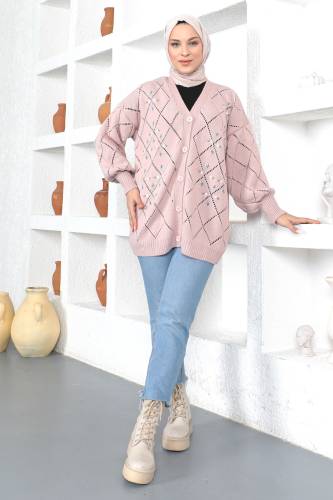 Çiçek Desenli Triko Hırka TSD230350 Pembe - Tesettür Dünyası (1)