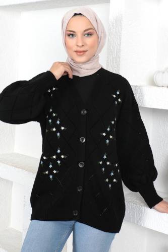 Çiçek Desenli Triko Hırka TSD230350 Siyah 