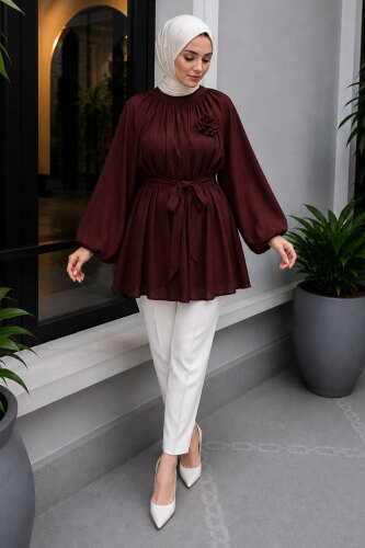 Çiçek Detaylı Balon Kol Tunik TSD260264 Bordo - 1