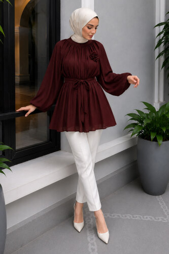 Çiçek Detaylı Balon Kol Tunik TSD260264 Bordo - 3