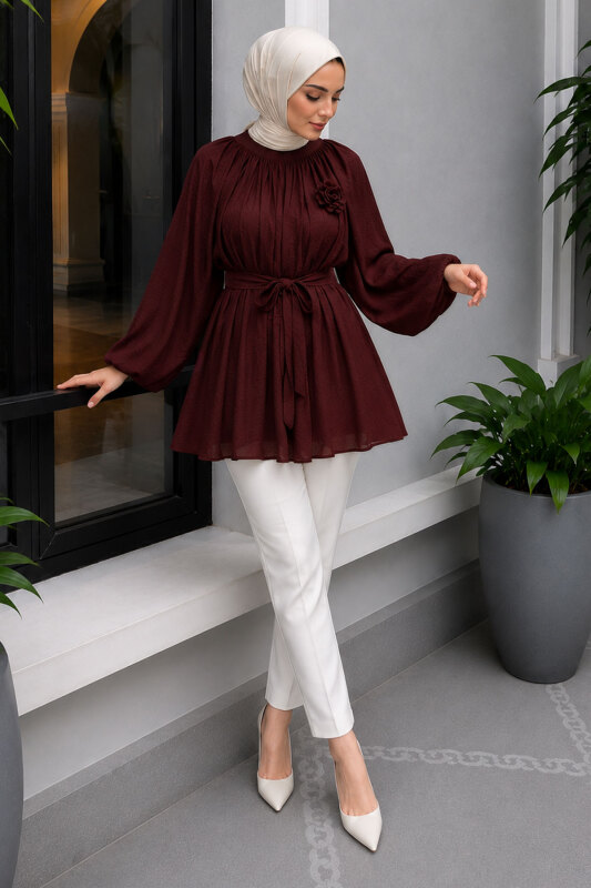 Çiçek Detaylı Balon Kol Tunik TSD260264 Bordo - 3