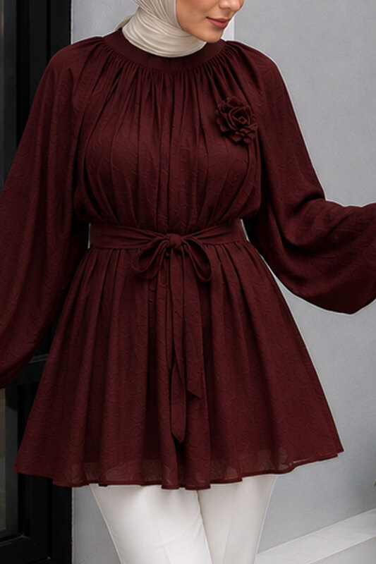 Çiçek Detaylı Balon Kol Tunik TSD260264 Bordo - 4