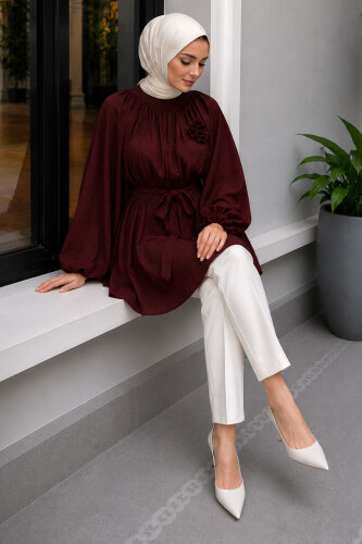 Çiçek Detaylı Balon Kol Tunik TSD260264 Bordo - 5