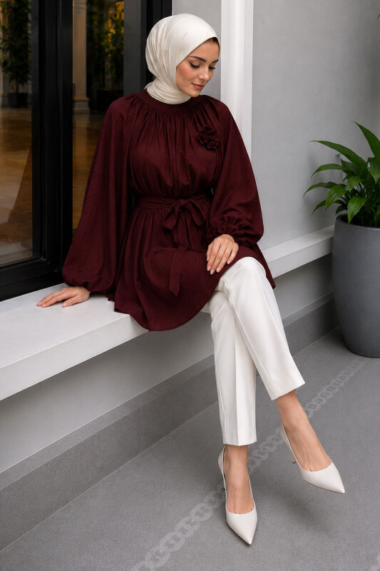 Çiçek Detaylı Balon Kol Tunik TSD260264 Bordo - 5