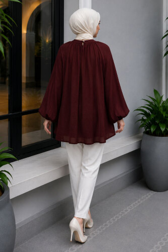 Çiçek Detaylı Balon Kol Tunik TSD260264 Bordo - 6
