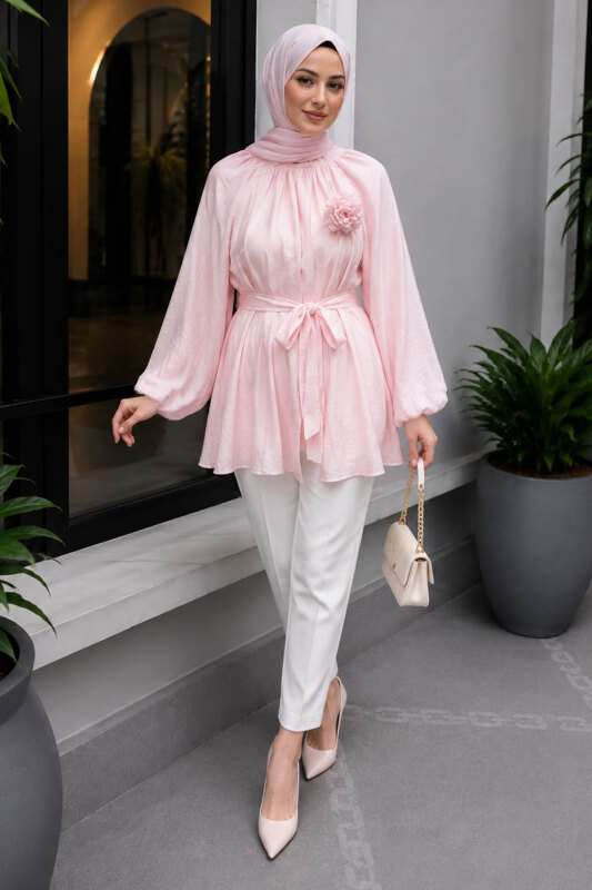 Çiçek Detaylı Balon Kol Tunik TSD260264 Pembe - Tesettür Dünyası