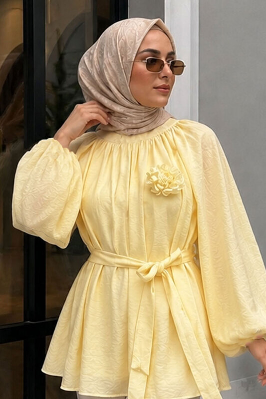 Çiçek Detaylı Balon Kol Tunik TSD260264 Sarı - 4