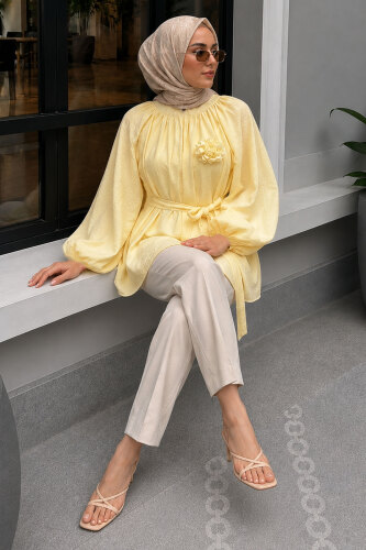 Çiçek Detaylı Balon Kol Tunik TSD260264 Sarı - 5