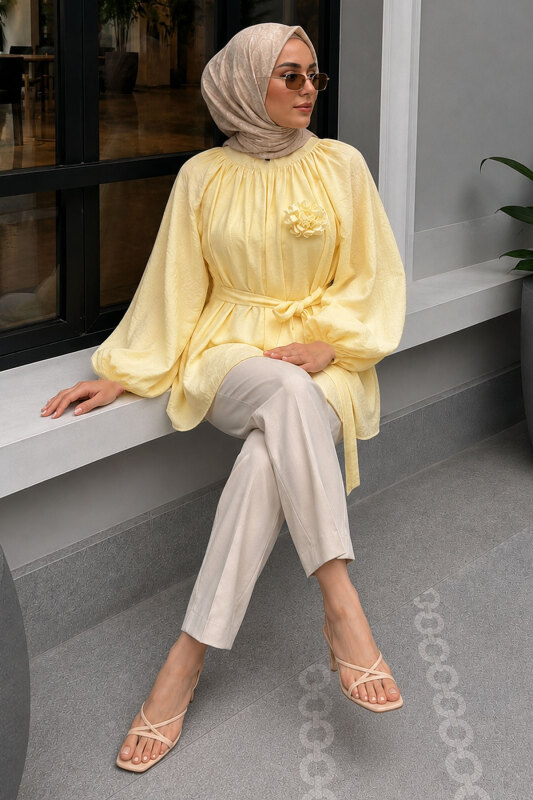 Çiçek Detaylı Balon Kol Tunik TSD260264 Sarı - 5