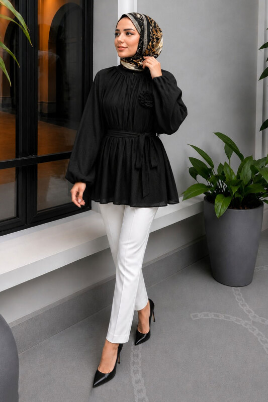 Çiçek Detaylı Balon Kol Tunik TSD260264 Siyah - 3